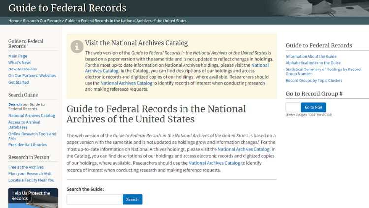 Screenshot of the Guide to federal records in the National Archives of United States webpage.