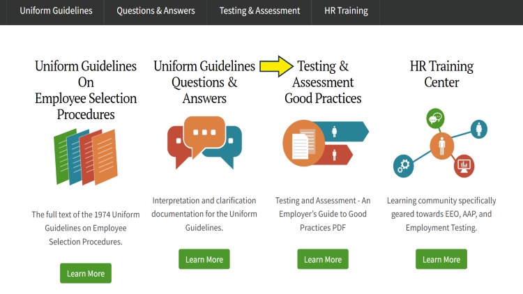 Screenshot of uniform guidelines on employee selection, questions and answers, testing and assessments, and training HR departments using federally approved practices. 