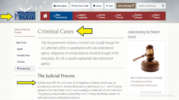 US Courts website screenshot of Criminal cases, explaining hte judicial process. 