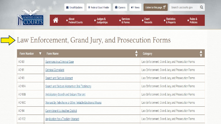 US Courts screenshot page of law enforcment, grand jury, and prosecution forms. 