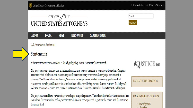 Department of Justie screenshot Offices of the US Attorneys with a yellow arrow pointing to the explanation of sentencing. 