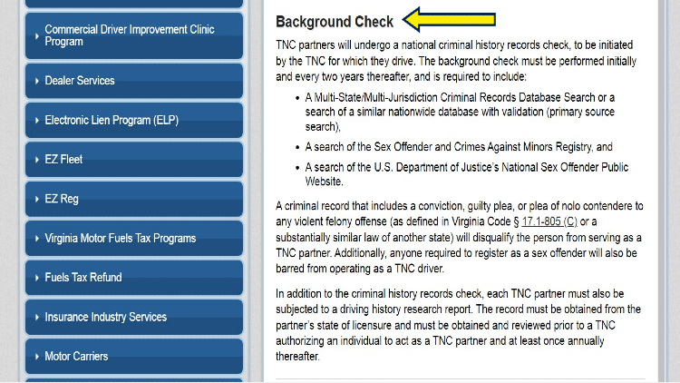 Background Check information screenshot with yellow arrow pointing to heading. 