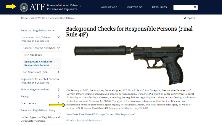 Screenshot of ATF website page for rules and regulation with yellow arrow pointing to an update about the rule which on equal application of background check requirements to all persons, natural or juridical.