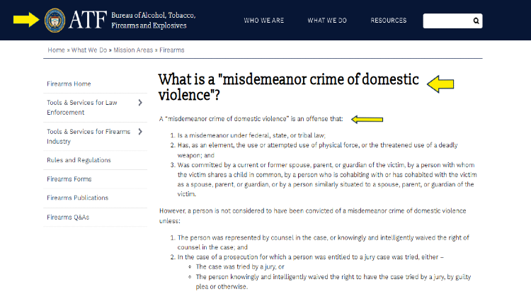 Screenshot of ATF website page for firearms with yellow arrow pointing to the definition and elements of the offense misdemeanor crime of domestic violence.