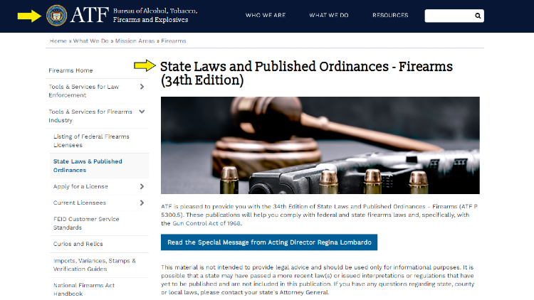 Screenshot of ATF website page for firearms with yellow arrow pointing to a compilation of state laws and published ordinances related to firearms.