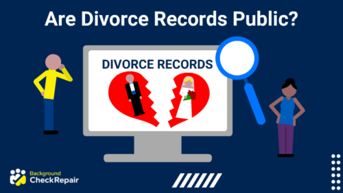 Man on the right looks at a large computer screen in the middle that shows a heart broken down the middle with a bride on one side and a groom on the other and a woman on the left side wonders are divorce records public by inspecting the computer with a large magnifying glass.