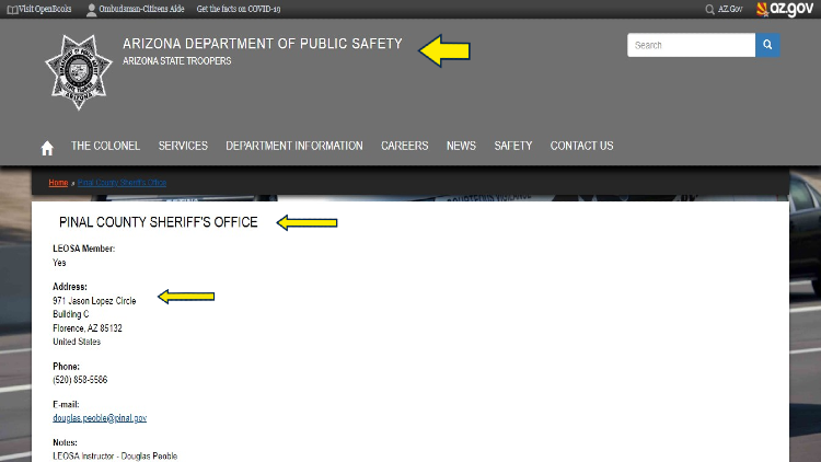 Arizona Dept of Public safety screenshot with yellow arrows pointing to the sheriff's office links for finding out if you have a warrant out for your arrest. 