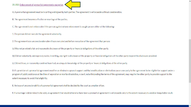 Screenshot of Arizona State Legislature website page for Arizona Uniform Premarital Agreement Act with a yellow arrow pointing to the enforcement of valid premarital agreements, its elements, and exceptions.