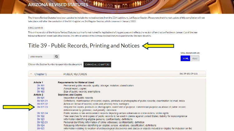 Screenshot of the website page of Arizona Revised Statutes with yellow arrows pointing to the Public Records, Printing, and Notices.