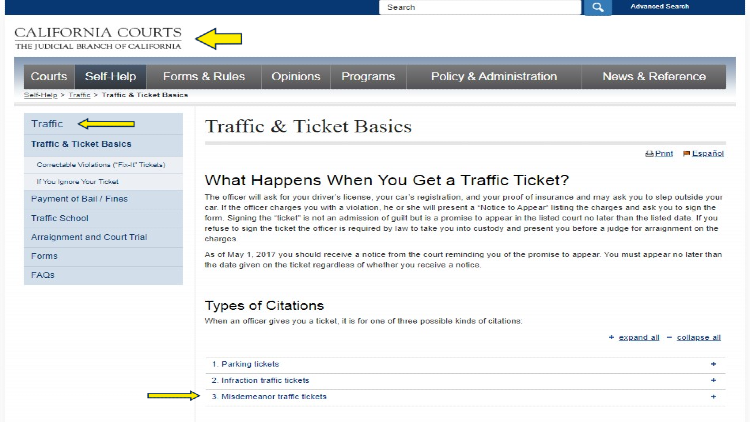 Californai Courts screenshot with yellow arrow pointing to traffic nd ticket basics and misedemeanor traffic tickets. 