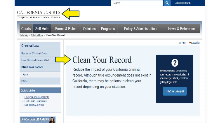 California Courts screenshot how to clean your record with yellow arrows pointing to expungement option information with links to a lawyer on the right. 