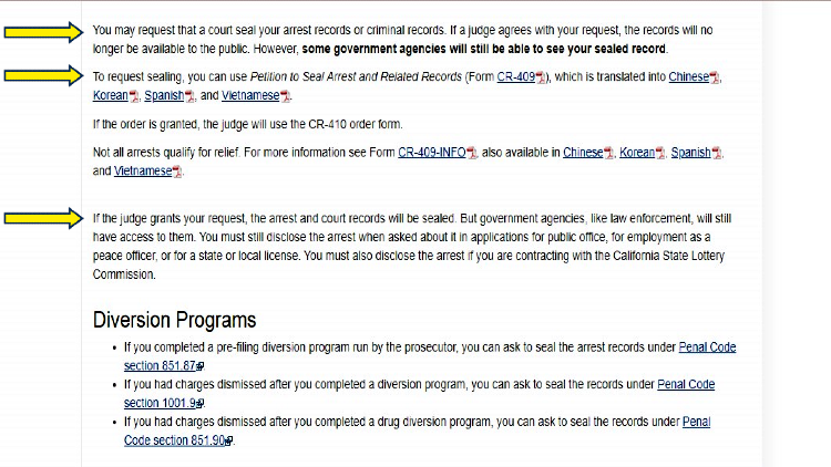 Courts information screenshot explaining that even when a record is expunged, some law enforcmeent agecies can still see it. 