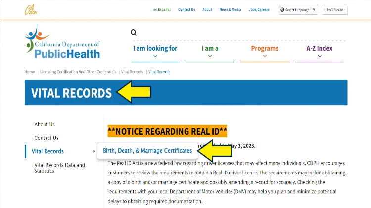 California Department of Public Health Vital Records page with yellow arrows pointing to title and vital records menu items including birth, death and marriage certificates. 