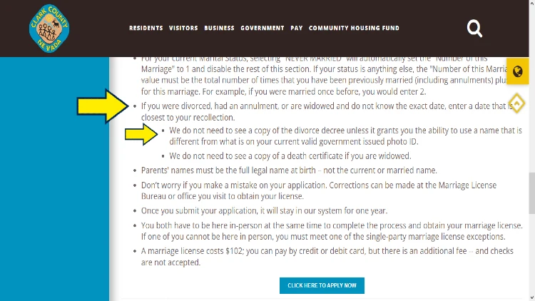 Screenshot of Clark County website page about divorce with yellow arrows pointing to bullet points about it.
