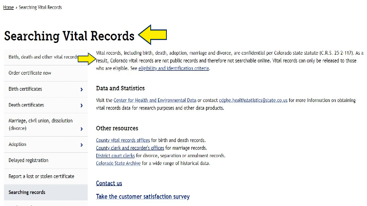 Screenshot of a website page for Searching Records with yellow arrows pointed to the steps and eligibility in searching vital records.