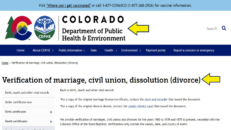 Screenshot of the Colorado’s website page for the Department of Public Health and Environment with yellow arrows pointed on the Verification of marriage, civil union, and dissolution (divorce).