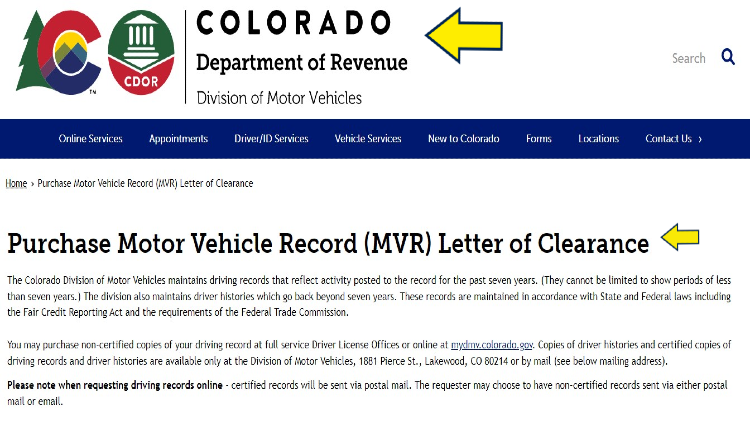 Screenshot of the Colorado Department of Revenue website page for Division of Motor Vehicles will yellow arrow pointing to the Purchase Motor Vehicle Record (MVR) Letter of Clearance.