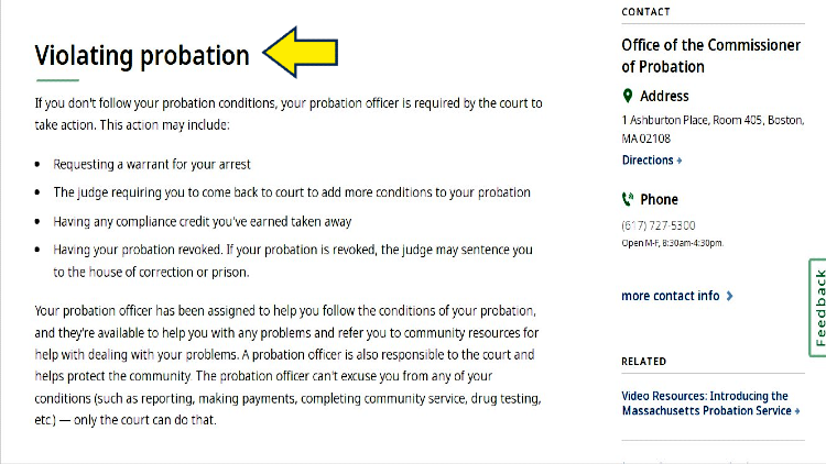 MA screenshot about violating probation and information about what hapened when probation is violated. 