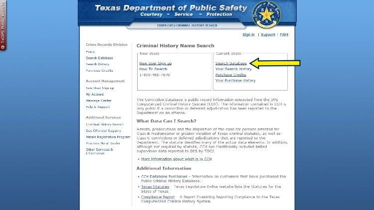 Texas Dept of Public Safety screenshot with yellow arrow pointing to link for searching database info. 