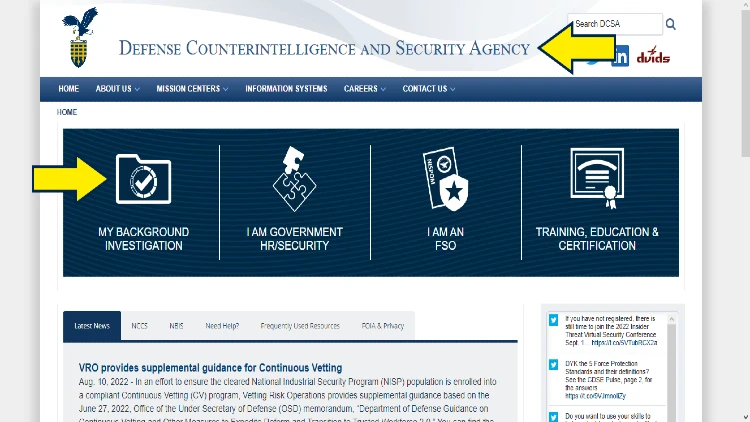 Screenshot of DCSA website page for its home page with an arrow pointing to link leading to information on a background check for federal employment.