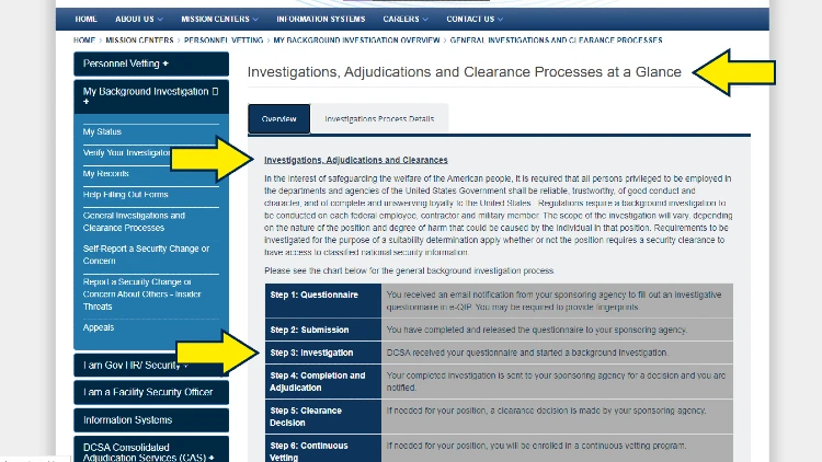 Screenshot of DCSA website page for general investigations and clearance processes with yellow arrows pointing to the federal criminal background check for employment process.