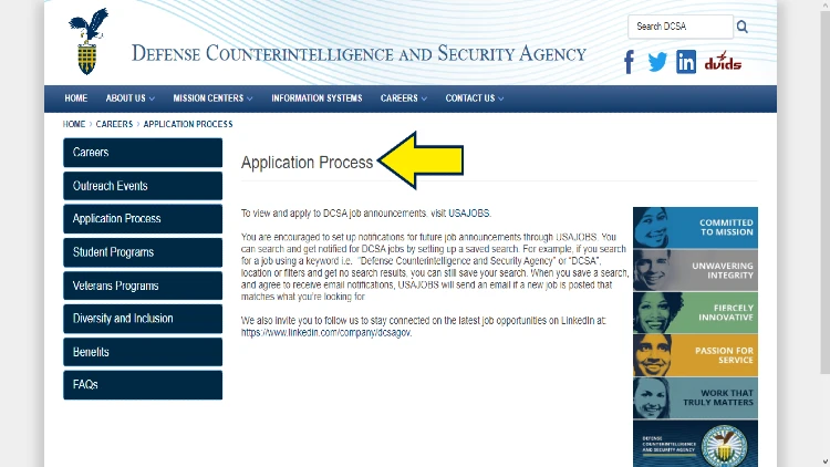 Screenshot of DCSA website page for careers with yellow arrow pointing to the application process for federal employment.