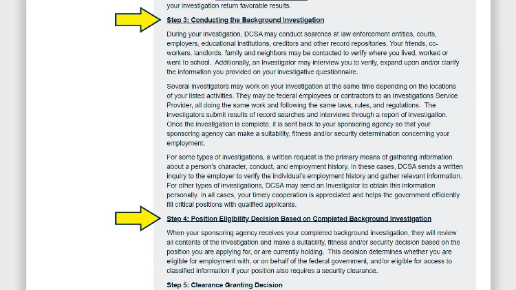 Screenshot of DCSA website page for background check process with yellow arrows pointing to the breakdown of the background investigation process conducted during hiring for federal employment.