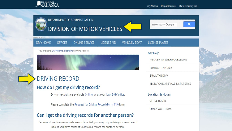 Screenshot of Division of Motor Vehicles website page for Driving Record with yellow arrows pointing to the steps in getting the driving record.