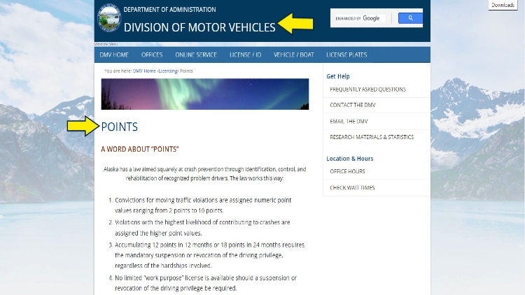 Screenshot of Division of Motor Vehicles website page about traffic violation points” with yellow arrows pointing to the definition of “Points”.