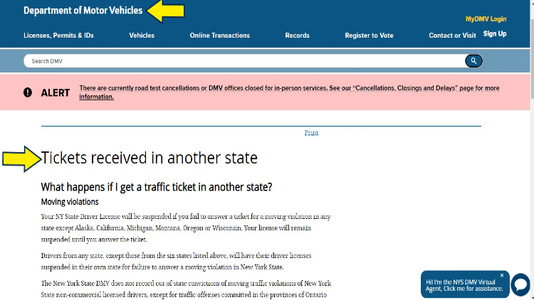 Screenshot of Department of Motor Vehicles website page about Tickets with yellow arrow pointing to what will happen if ticket is received in another state.