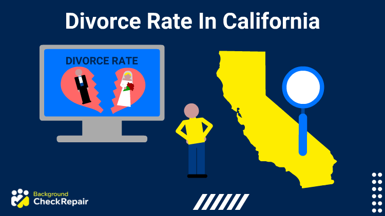 Man standing between a state of California and computer showing the divorce rate in California with his hands on his hips.