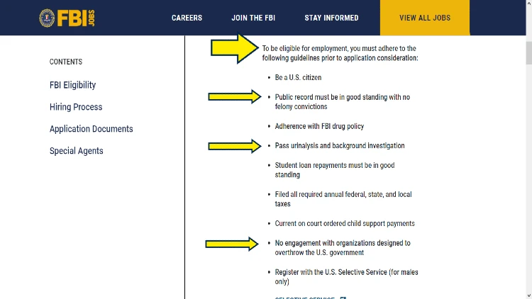 Screenshot of FBI Jobs website page for employment with yellow arrows pointing to the eligibility requirements for a vacant position in the FBI.