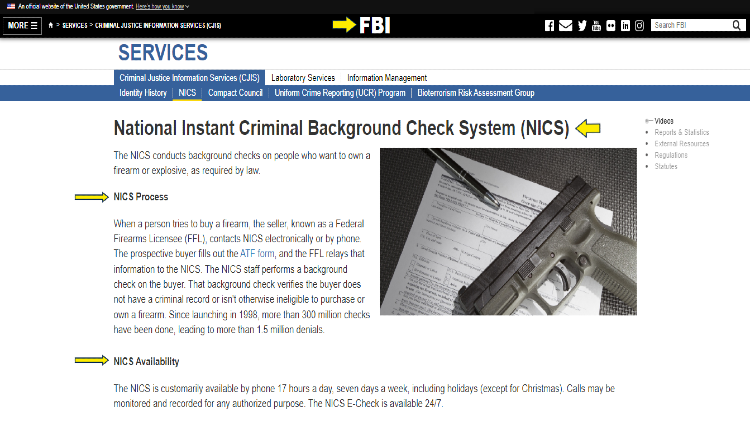 Screenshot of FBI website page for NICS with yellow arrows pointing to information related to NICS availability and process when individuals buy firearms.