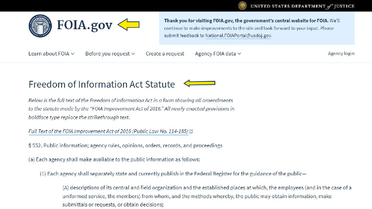 Screenshot of FOIA website page with a yellow arrow pointing to the Freedom of Information Act Statute.