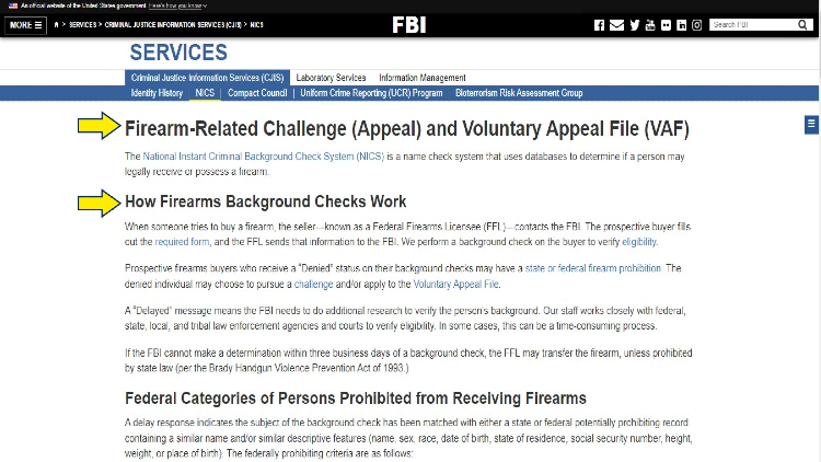 Screenshot of FBI website page for NICS with yellow arrows pointing to the firearm background check process and what to do when denied.