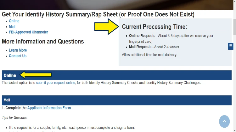 Screenshot of FBI website page for processing time of requested rap sheets with yellow arrow pointing to how long does federal background check take when own copy of rap sheet is requested.