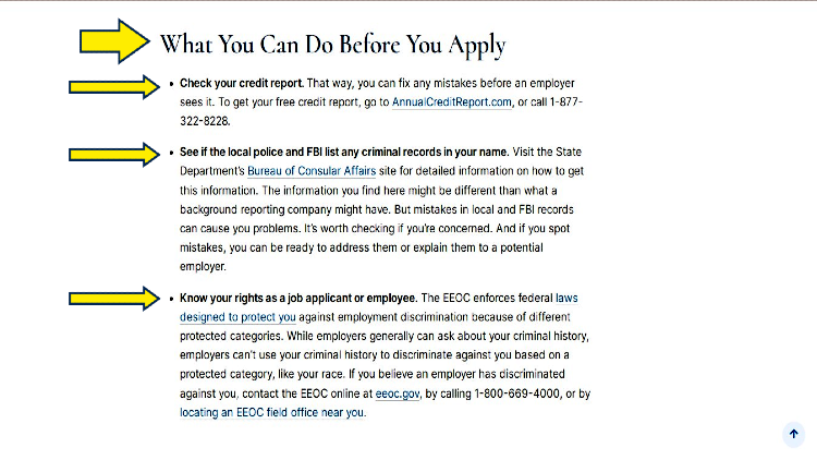 Screenshot of a website page about what a person can do before job application with yellow arrows pointing to its actual steps such as checking of credit report, checking local police and NBI for criminal records, and knowing rights as a job applicant or employee.