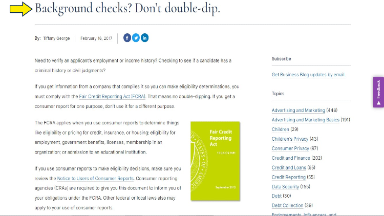 Screenshot of FTC website page for business blog with yellow arrow pointing to an article with some guidelines for employers when doing background check of an applicant.