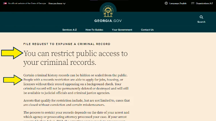 Screenshot of Georgia gov website about its services with yellow arrows pointing to restriction of public access to criminal records.