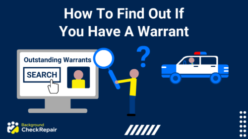 Man learning how to find out if you have a warrant out by holding up a large magnifying glass toward a computer screen that has a warrant search button, with a police car in the background on the right.