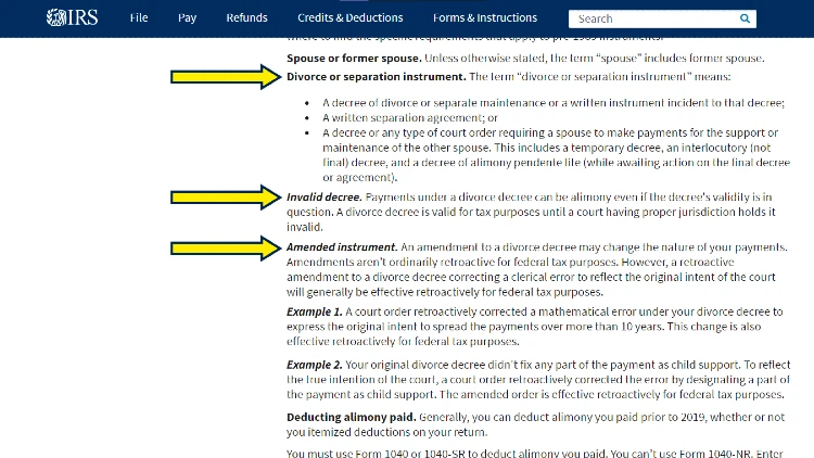 Screenshot of IRS website page about decrees with yellow arrows pointing out to spouse or former spouse, divorce, invalid decree, amended instrument.