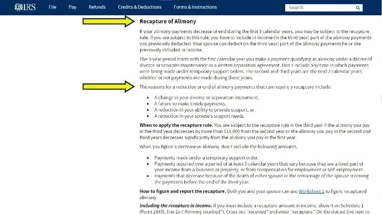Screenshot of IRS website page about alimony with yellow arrow pointing to recapture of alimony.