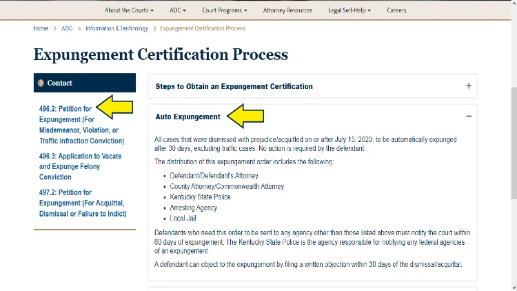 Screenshot of Courts website page about Expungement Certification Process with yellow arrows pointed to the steps to obtain an expungement certification.