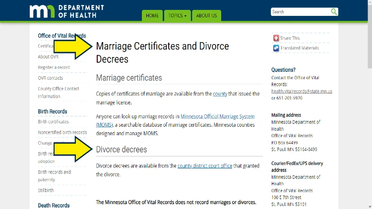 Screenshot of department of health website page about vital records with yellow arrows pointing to marriage certificates and divorce decrees.