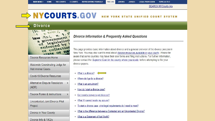 Screenshot of the website page of NY Courts about Divorce with yellow arrows pointing to the definition of divorce.