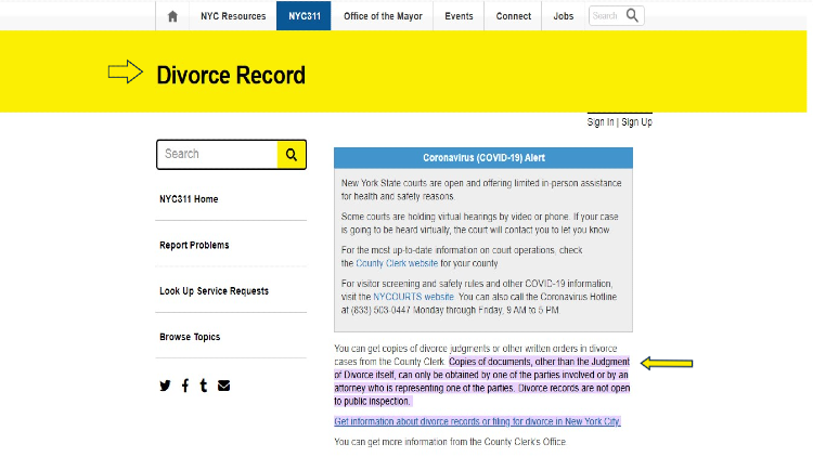 Screenshot of a website page of New York County 311 about Divorce Record with yellow arrows pointing to instruction that divorce records can only be obtained by the parties involved.