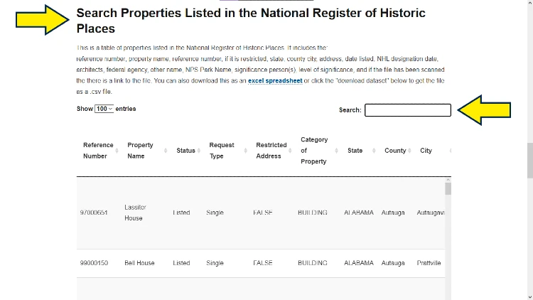 Yellow arrows pointing to how to search for properties listed in the national register of historic homes website. 