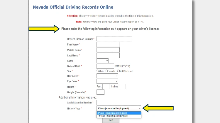 Screenshot of the Nevada Official Driving Records Online form with a yellow arrow pointing to the information that must be filled in as appears on the driver’s license.