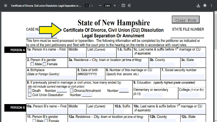 Screenshot of the online document from State of Hampshire about Certificate of Divorce, Civil Union Dissolution, Legal Separation, or Annulment with yellow arrow pointing to the form.