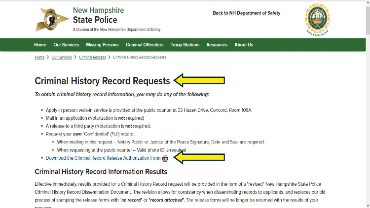 Screenshot of New Hampshire State Police website page about Criminal History Record Requests with yellow arrows pointed on how to request criminal history record.